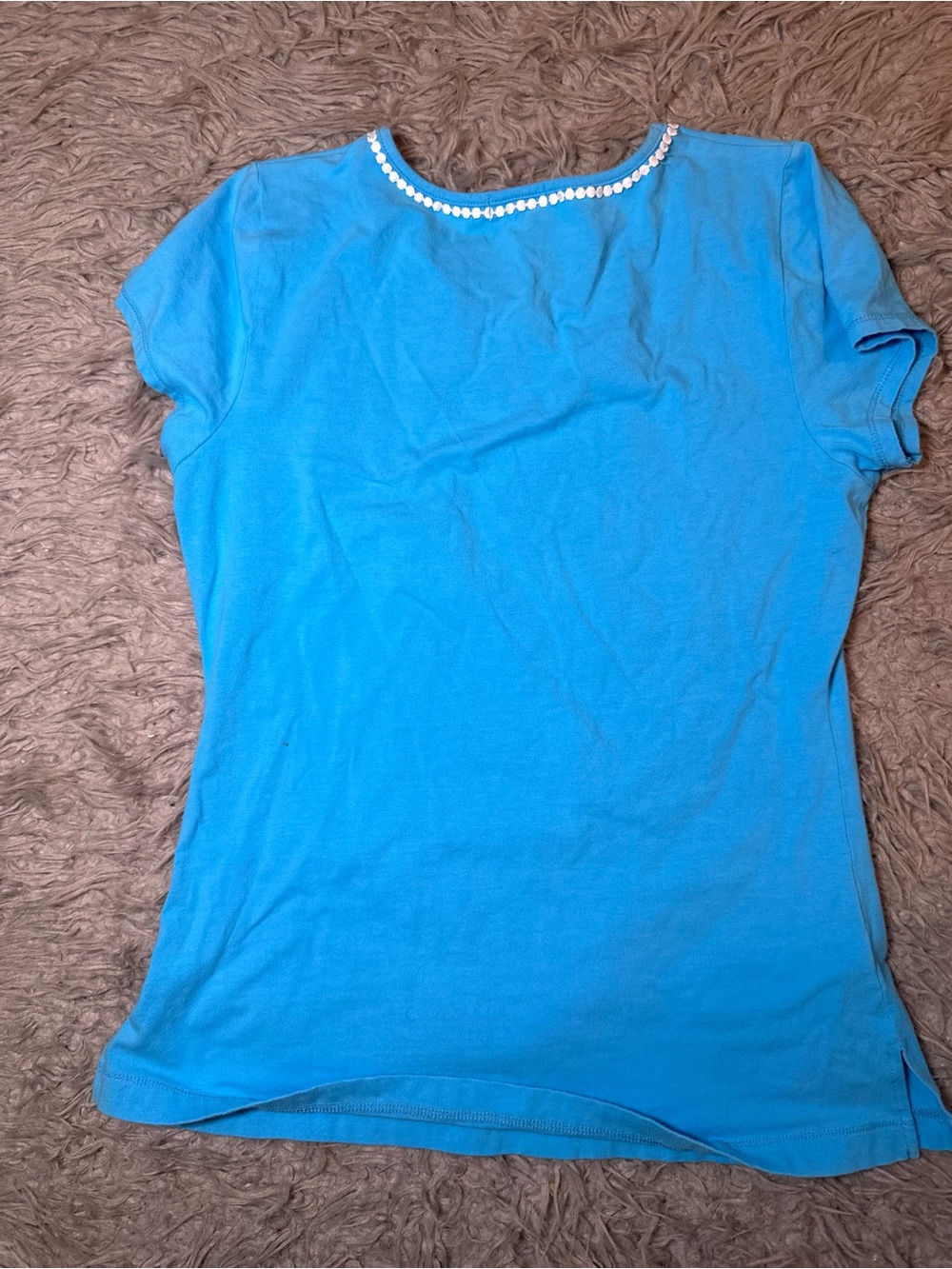 Bebe Turquoise Blue Lilly Pulitzer Embellished Neckline Short Sleeve Top - Picture 4 of 5
